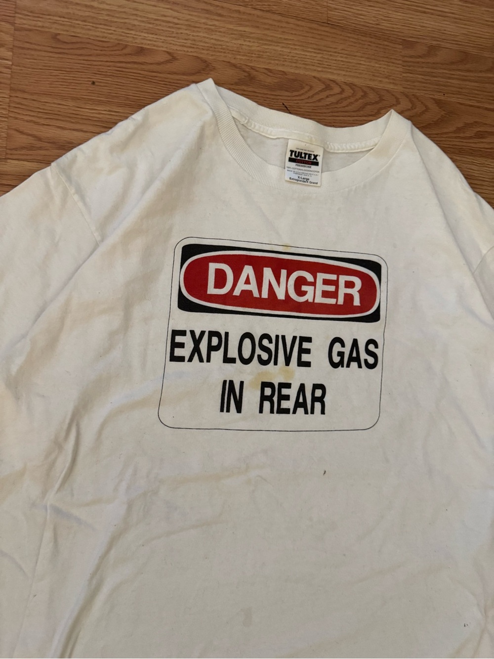 Tultex White Graphic Tee with Red & Black Warning Print